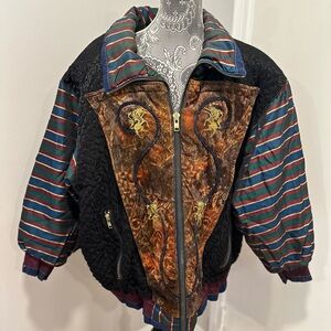 Vintage 80s Multicolor Bomber Jacket with Dragon Embroidery. Sz:22w/24w Colorful